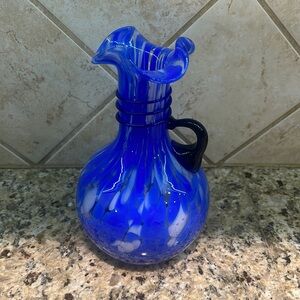 Art Glass Vase Blue & White Spatter Pitcher Cobalt Swirl Decor Handblown Mexico